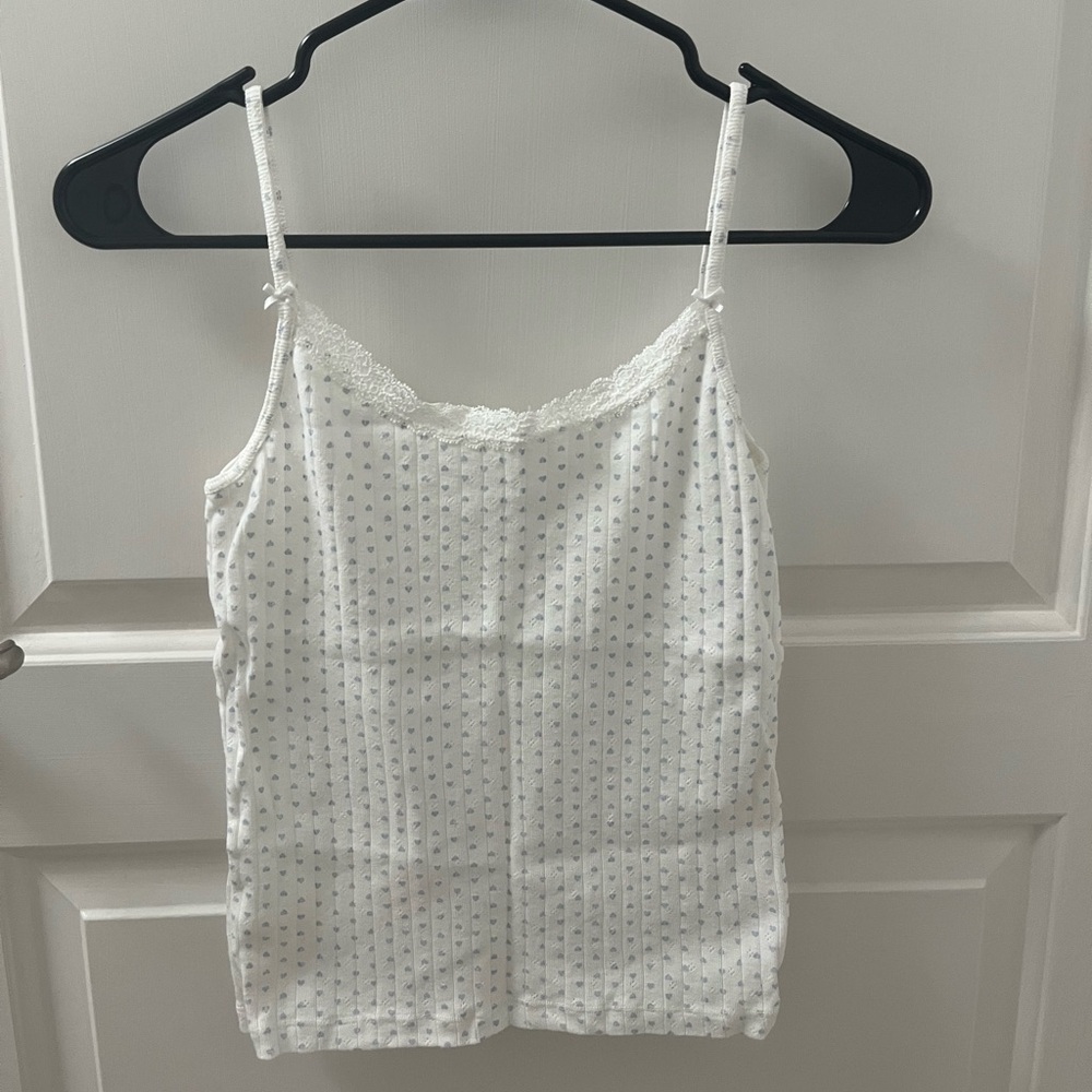 Brandy Melville White and Blue Hearts Lace-Trim Spaghetti Strap Tank Top